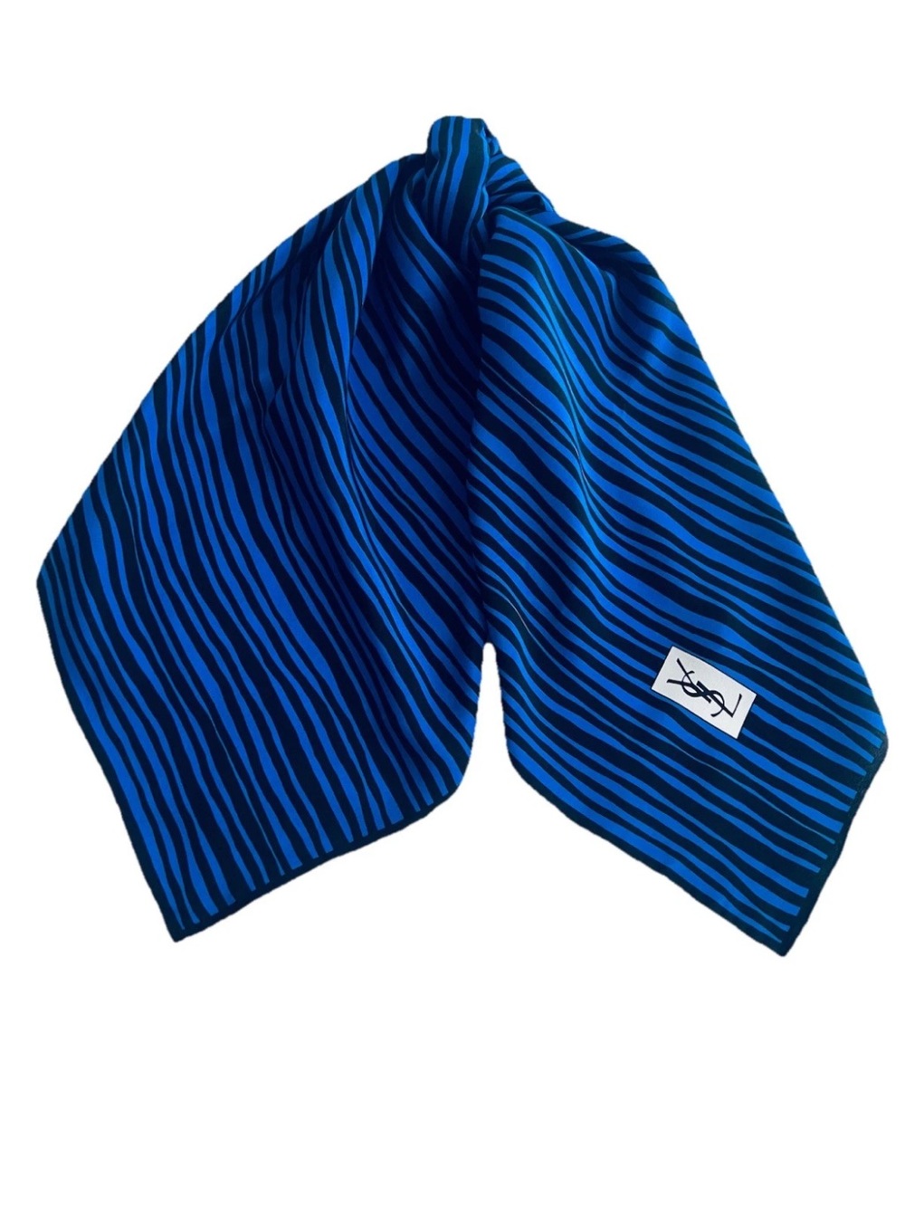 VTG YSL Yves Saint Laurent 100% Silk Scarf Blue Made in Japan Hand Rolled 35”